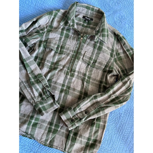 Madewell Plaid Quarter Zip Flannel Shirt Green Grey Long Sleeve Button Pocket - Picture 3 of 4